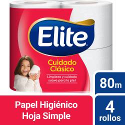 Papel higienico Elite Cuidado Clásico hoja simple 80 m 4 Un.